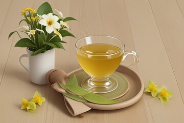 picture of Iaso Tea in a table with ginger and lemon, and some little flowers