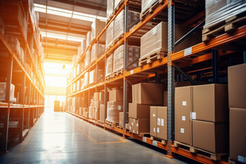Interior of a modern warehouse. Large space for storing and moving goods. Logistics. Blurred background. The sun's rays fall through the windows into the warehouse.