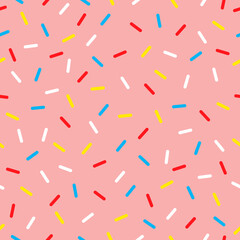 Donut candy sprinkles pattern background, sweet dessert glaze. Vector seamless ornament, wallpaper or repeat tile with colorful sweet confetti or abstract dots for holiday, party, birthday, invitation