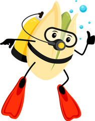 Cartoon cheerful cashew nut character, dives into crystal-clear waters on a summer vacation. Isolated vector personage explores underwater wonders and enjoys thrilling adventures beneath the waves.