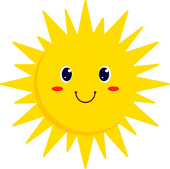 Smiling sun cartoon character, vacation emoji. Vector sunny day emoticon, childish joyful sun emoticon, weather forecast personage