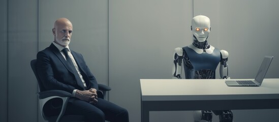 Futuristic humanoid recruiter robot with artificial intelligence and digital interface, copy space, Generative AI