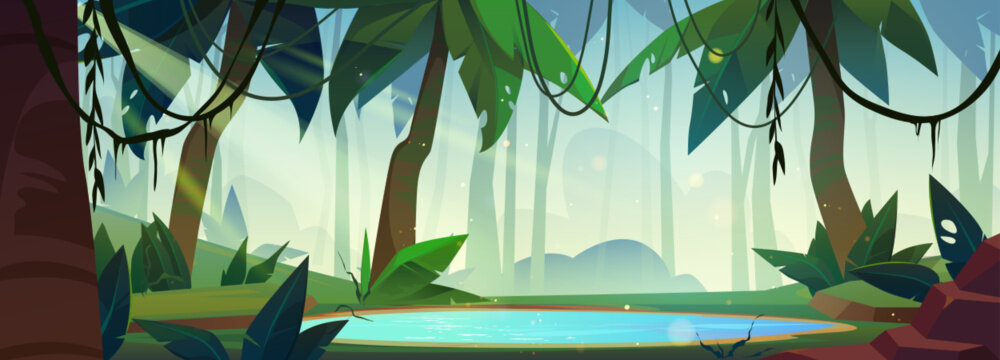 Fantasy spooky green jungle forest background with palm tree and tropic liana stem. Mystery rainforest illustration picture for adventure game environment. Lake water with rock scene nature wallpaper