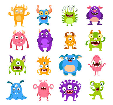 Cartoon funny monster characters. Cute comic creatures isolated vector set. Joyful kawaii Halloween personages. Devils, goblins, aliens, smiling mutants with horns, wings, fangs, eyes, tongues, tails