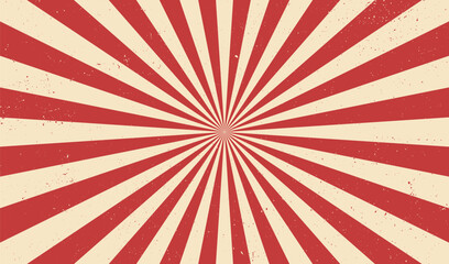 Circus background and spiral retro rays vector pattern. Vintage poster of red white sun or star burst radial lines with grunge texture, circus, carnival, summer fair or chapiteau backdrop
