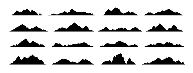 Fototapeta premium Black mountain, hill and rock silhouettes. Vector rocky ranges and ridges with snow peaks and tops. Mountain nature landscape silhouettes, hiking sport, tourism, outdoor adventure and camping themes