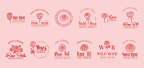 Rose minimal icons. Natural cosmetics, rose oil, beauty care and flower shop symbols set. Vector outline floral emblems with blooming flower branches and bouquets, blossom petals and leaves