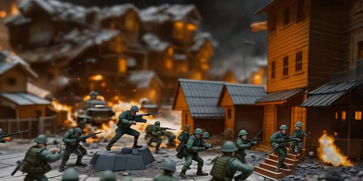 War scene with toy soldiers and explosions