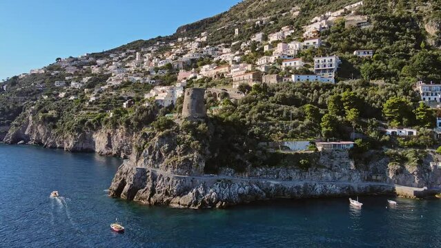 Aerial view from the sea of the coastline of Praiano, Italy.