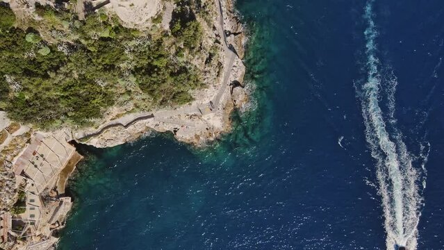 Aerial top-down view on the coast of Praiano, Italy. 