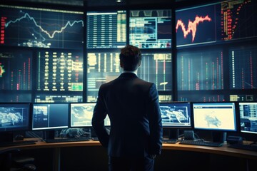 Fototapeta premium A professional banker stood in the middle of the room. Looking at the big stock market price display and analyzing the data for trading, Generative Ai