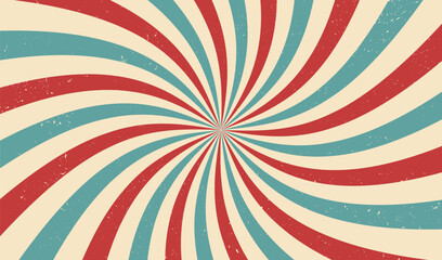 Circus or carnival rays background layout with vector grunge texture. Retro spiral pattern with red, white and blue radial stripes of vintage circus, carnival, fair or chapiteau big top tent - 630589251