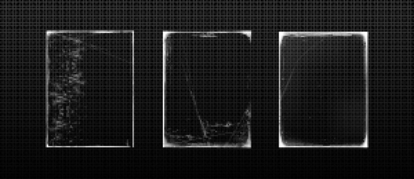 Old paper edge cover vintage grunge overlay frame on black background. Retro music poster or scratch photo effect isolated set. Empty white grange rectangular distressed surface material texture