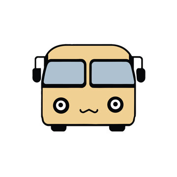 Cute Kawaii Bus Cartoon Character Icon, Bus Emoji Isolated on White Background. Vector Illustration 