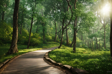 Naklejka premium Unreal fantasy forest landscape with beautiful garden, trees and flowers. Heavenly Garden Fantasy Illustration