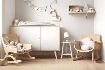 Stylish scandinavian newborn baby room with wooden cupboard, toys, children chair, natural basket modern interior with white wooden background wall, wooden parquet and cottona balls. Home decoration.