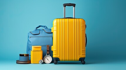 baggage travel. yellow suitcase with travel accessories such as sunglasses, hat and camera on light blue background.