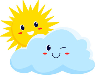 Cloud and smiling sun weather forecast cartoon characters kids personages. Vector happy sunny weather with clouds on sky, joyful summer season weather