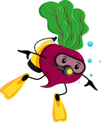 Cartoon cheerful beetroot vegetable character diver on summer beach vacation. Vector amusing beet personage with oxygen engaging in scuba diving fun, relaxing in sea during holidays gateaway or trip