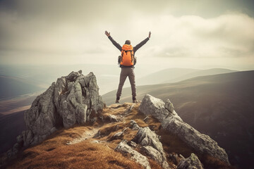 Happy man with orange backpack jumps on top of mountain with his arms outstretched