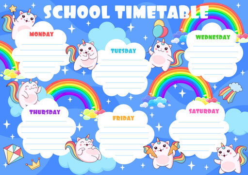 Education timetable schedule. Cartoon caticorn cat and kitten characters on sky clouds. School vector lesson planner template with cute kawaii feline unicorn on rainbow. Kid time table organizer frame