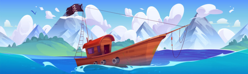 Pirate boat sailing in sea near mountain island. Vector cartoon illustration of wooden yacht with black jolly roger flag and cannons floating on water against scenic landscape, birds flying in sky