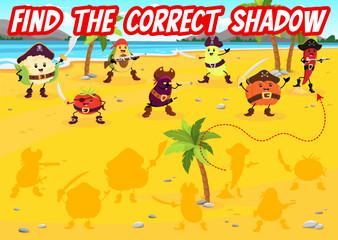 Find the correct shadow of cartoon vegetable pirate or corsair characters. Kids vector game worksheet with cauliflower, tomato, avocado and eggplant. Squash, pumpkin and chili pepper sea dog sailors