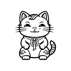 Vector illustration isolated on white kawaii asian cat. Neko with one hand up. Lucky cat Maneki Neko Outline Icon coloring book black line