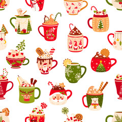 Christmas chocolate and eggnog drinks seamless pattern with cartoon cups and mugs. Winter holidays vector background of eggnog hot beverage ceramic mugs with candies, cream, cinnamon and gingerbread