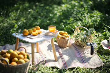 Orange juice on Orange Garden backgound in sunrise - 630592813