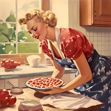 Girl with a Berry pie. Young woman in the kitchen. Illustration in pin-up style.