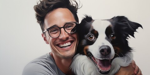 Naklejka na ściany i meble illustration of a man hug a dog, oil painting, generative AI