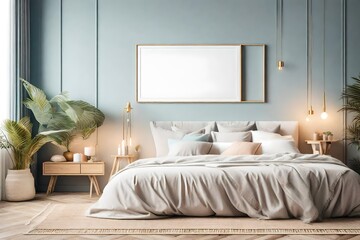 interior of a bedroom with wall frame mockup