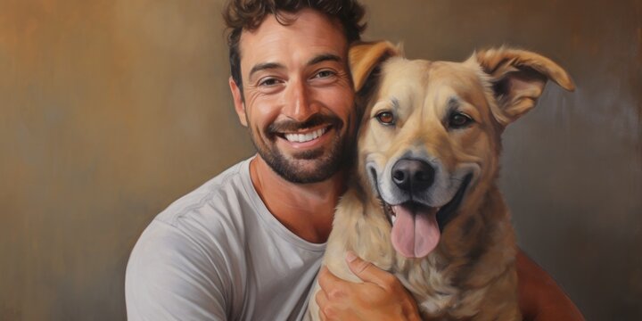illustration of a man hug a dog, oil painting, generative AI