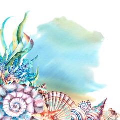Fototapeta na wymiar Marine composition on a blue background. Seaweed, corals and starfish. Watercolor illustration. Underwater inhabitants.