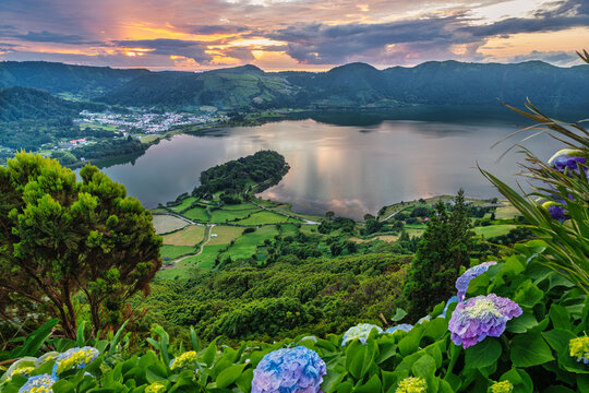 Landscapes of Sete Cidades, Sao Miguel Island, Azores, Portugal, Europe at sunrise.