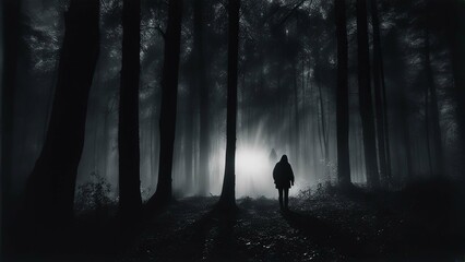 Silhouette of a man walking in the dark forest with fog. Generated by AI