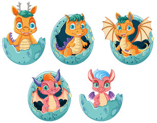 Group of Baby Dragons in Eggs