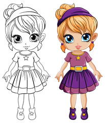 Cute girl cartoonl and its doodle coloring character