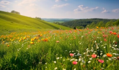 Obraz na płótnie Canvas Beautiful natural spring summer landscape of a flowering meadow in a hilly area on a bright sunny day. Many flowers in a field in green grass. Small zone of, Generative AI