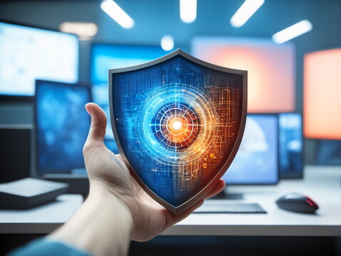 Malware. Ein Schutzschild das einer Polizeimarke nachempfunden ist und den Kampf gegen Malware symbolisiert.