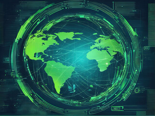 Digital technology global speed connect blue green background with Generative AI.