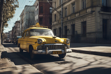 A yellow taxi waiting for a passenger in a sunny day