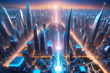 Reinterpret the skyline of a glittering city in a modern and futuristic style. Generative AI
