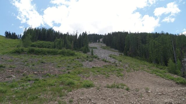 Aerial looking up at talus field on slope of mountain in northern Idaho in summer