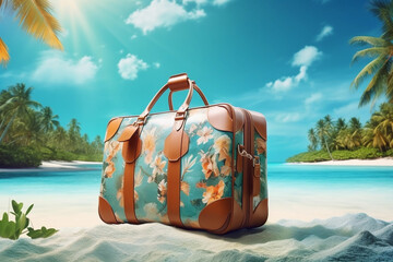Floral leather suitcase on the beach, World Tourism Day, Generative AI