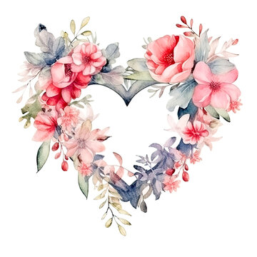 Wedding floral heart wreath composition. Watercolor flowers isolated on white illustration.