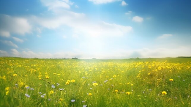 Beautiful meadow field with fresh grass and yellow dandelion flowers in nature against a blurry blue sky with clouds. Summer spring natural landscape, Generative AI
