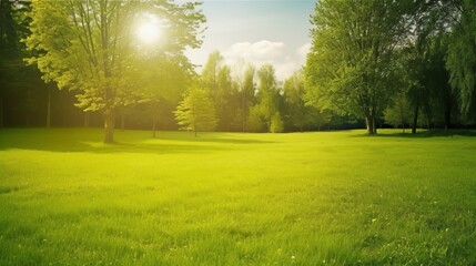 Beautiful warm summer widescreen natural landscape of park with a glade of fresh grass lit by  sun, Generative AI
