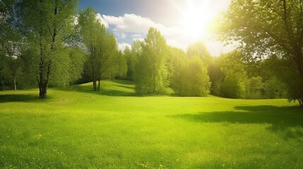 Beautiful warm summer widescreen natural landscape of park with a glade of fresh grass lit by  sun, Generative AI